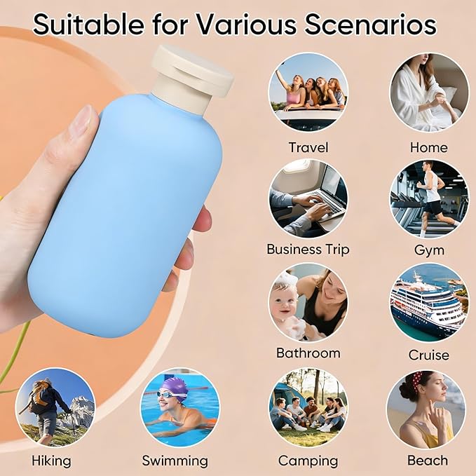 DEMORA 6.6oz Travel Bottles for Toiletries, Larger Plastic Travel Squeeze Bottles Leak Proof Refillable Toiletry Containers with Flip Caps and Labels for Shampoo Conditioner Lotion (Blue, 4 Pcs)