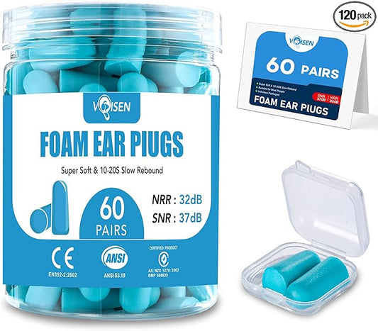 VOISEN 60 Pairs Foam Ear Plugs, Ear Plugs for Sleeping Noise Cancelling, 32dB NRR, 37dB SNR Earplugs for Sleeping, Snoring, Studying, Loud Events, Traveling & Concerts, A Storage Box, Blue