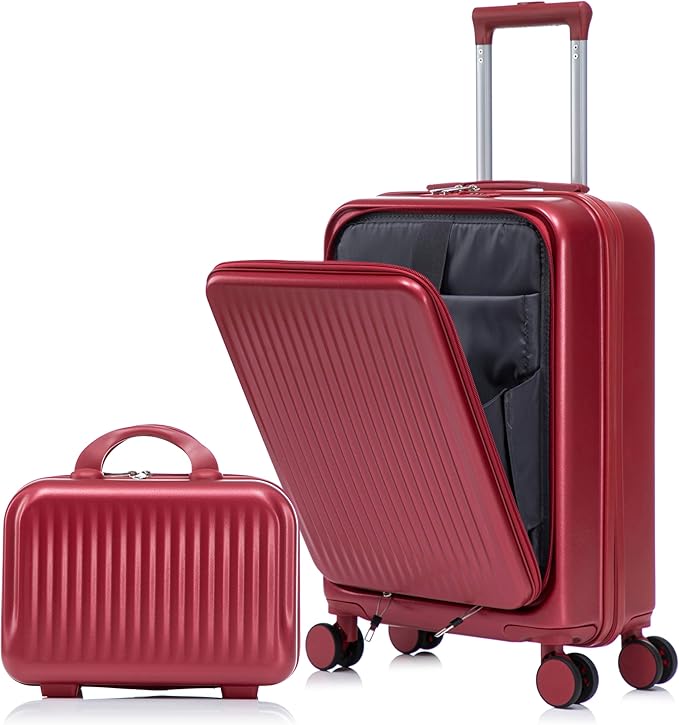 2 Pcs ABS Spinner Luggage Set - 14" Cosmetic Case & 20" Carry-On with Combination Lock, Front Opening Design, Red