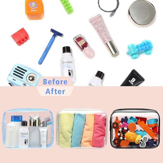 F-color TSA Approved Toiletry Bag 3 Pack Medium - Clear Makeup Bag Travel Quart Size for Women Men, Clear Cosmetic Bag Airport Airline Compliant Carry on Bag, Matte Black White Blue