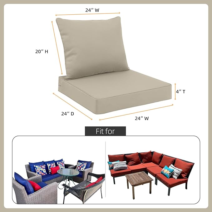 Favoyard Outdoor Seat Cushion Set 24 x 24 Inch Water-Resistant & Fade-Resistant Patio Furniture Cushions with Removable Cover Deep Seat & Back Cushion with Tie Straps for Chair Sofa