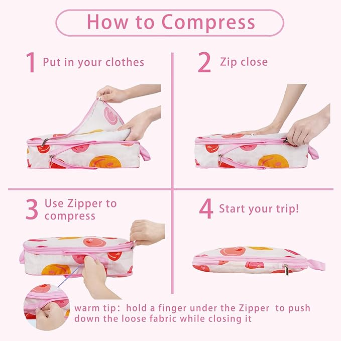 6 Pcs Compression Packing Cubes, Packing Cubes for Travel, Waterproof Luggage Organizer Bags Set, Cute Packaging Cubes for Women Kids Backpack Carry-Ons