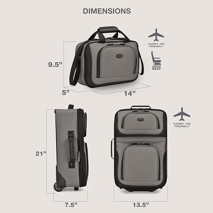 U.S. Traveler Rio Lightweight Softside Rolling Carry-on Suitcase, 2-Wheel Set, Grey
