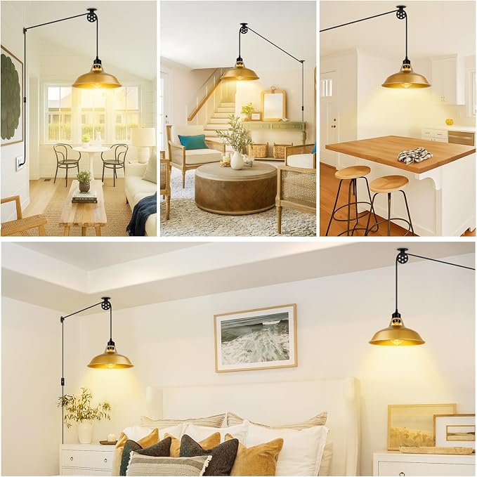 Lomoky Plug in Pendant Light, Vintage Hanging Lamps with Gold Barn Shade Pendant Lighting with 14.76ft Cord On/Off Switch, Adjustable Pulley Hanging Lights for Kitchen, Bedroom, Living Room (1 Pack)