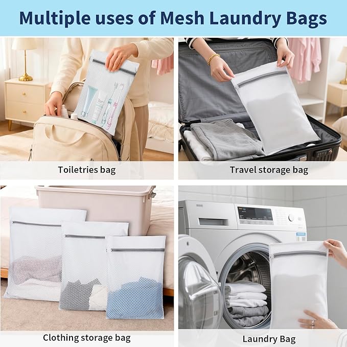 150L Laundry Bag Backpack with 3 Sizes Mesh Wash Bags and Shoulder Straps Foldable Clothes Hamper Bag with Drawstring Closure for College, Apartment, Laundromat (Pale Blue)
