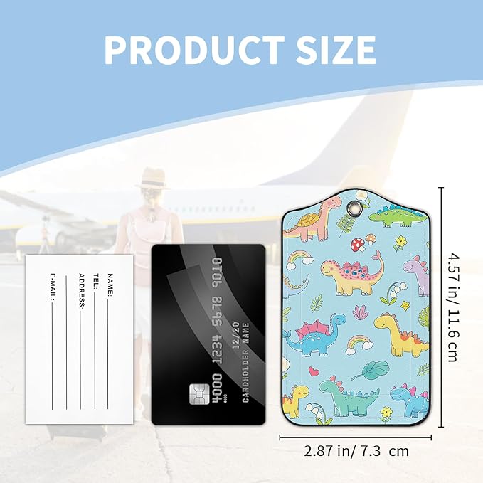 2 Pcs Luggage Tag for Suitcases, Cute Dinosaur PU Leather Suitcase Tag Privacy Cover Name ID Label with Metal Loop, Personalized Baggage Identifier for Women Cruise Bag Travel Essentials