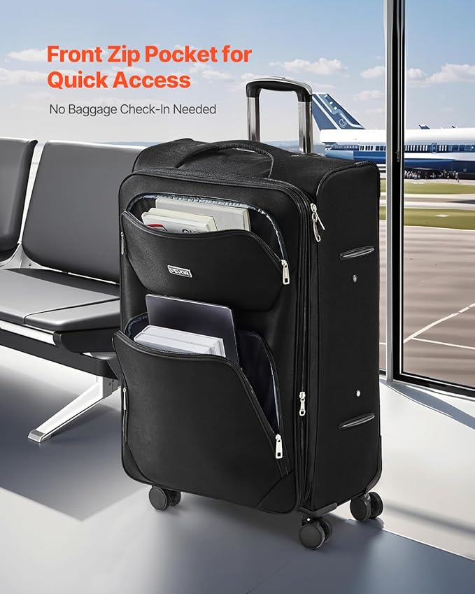 VEVOR Softside Expandable Luggage with Spinner Wheels, 28-Inch Softside Checked Large Luggage, Lightweight Checked Suitcase with Expandable Zippered Pocket and TSA Lock, Black