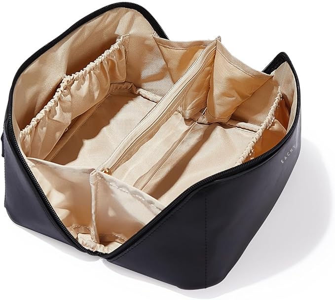 EACHY Travel Makeup Bag, Large Capacity Cosmetic Bag for Women, Waterproof PU Leather, Flat Open Portable Toiletry Bag for Skincare, Brushes & Travel Essentials
