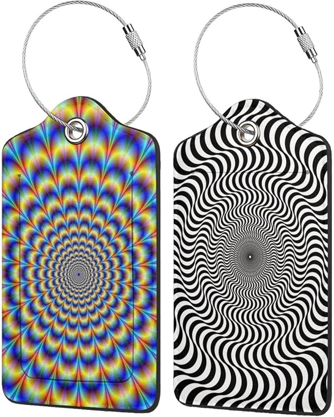 2P Psychedelic spiral Optical illusion delusion spirals colorful abstraction hypnosis Luggage Tags Privacy Cover ID Label Stainless Steel Loop and Address Card for Travel Bag Suitcase Funny Cute Man