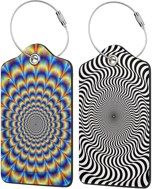 2P Psychedelic spiral Optical illusion delusion spirals colorful abstraction hypnosis Luggage Tags Privacy Cover ID Label Stainless Steel Loop and Address Card for Travel Bag Suitcase Funny Cute Man