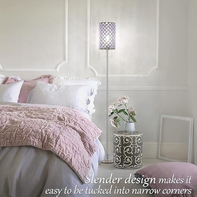 Floor Lamp for Bedroom, Silver Crystal Lamp with Lavender Shade&Foot Switch | Elegant Standing Lamp, Corner Pole Lamp for Girls Bedroom Living Room Office, E26 Base