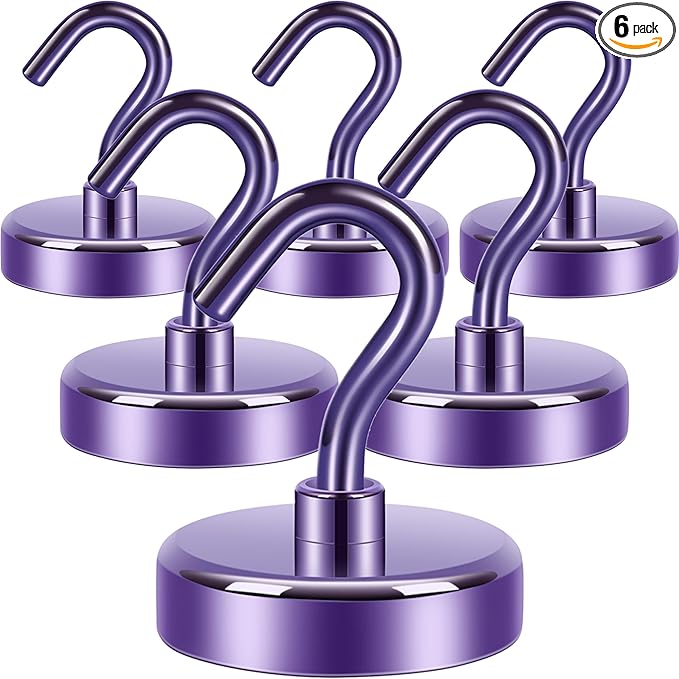 Neosmuk Magnetic Hooks,Heavy Duty Earth Magnets with Hook for Refrigerator, Extra Strong Cruise Hook for Hanging, Magnetic Hanger for Curtain, Grill(Purple, 6 Pack)