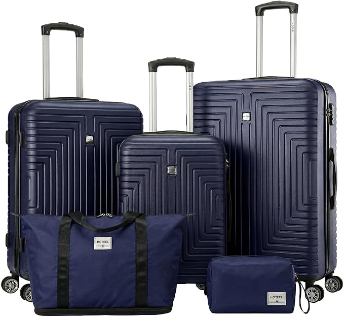 Hoteel Luggage Sets 5 Piece ABS+PC Hardside, 4-Year Warranty, Luggage Set with Dual-Spinner Wheels, TSA Lock, Lightweight Carry on Luggage, 20"/24"/28" Suitcase with Duffel & Organizer, Blue