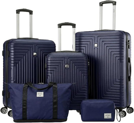 Hoteel Luggage Sets 5 Piece ABS+PC Hardside, 4-Year Warranty, Luggage Set with Dual-Spinner Wheels, TSA Lock, Lightweight Carry on Luggage, 20"/24"/28" Suitcase with Duffel & Organizer, Blue