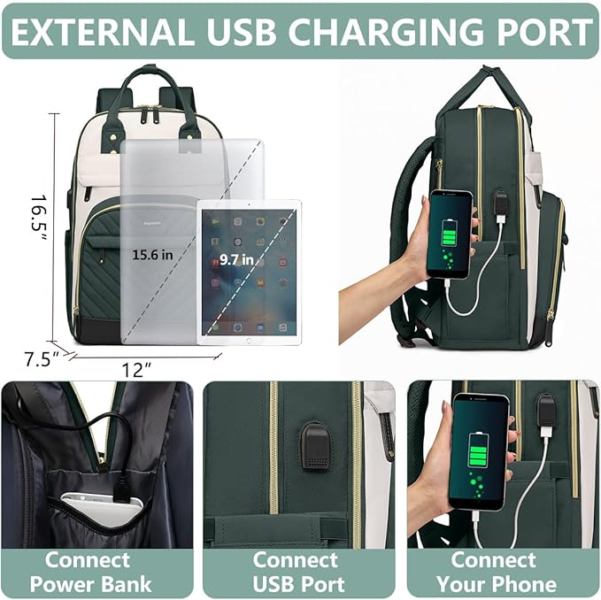 Laptop Backpack for Women Work Bag - 15.6 inch Travel Backpack with USB Charger Business Computer Backpacks for Work College Back pack for Teacher Casual Waterproof Bookbag for Nurses Beige Green