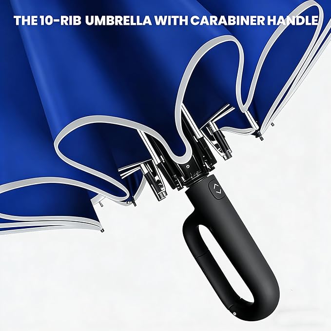 SIEPASA Travel Umbrella with Carabiner Handle - Windproof 10 Ribs Auto Open/Close for Rain & Sun Protection, Compact Portable Clip-on Backpack Design with Safety Reflective Strip.