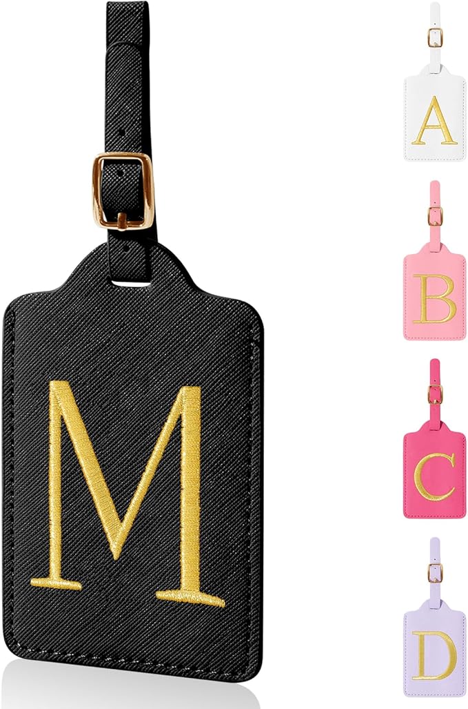 Personalized Initial Luggage Tags for Suitcases,Leather Letter Cute Luggage Tags with Privacy Name Card,Embroidered Monogrammed Travel Bag Backpack Tag Gifts for Women Kids Girls Teens(Black-M)