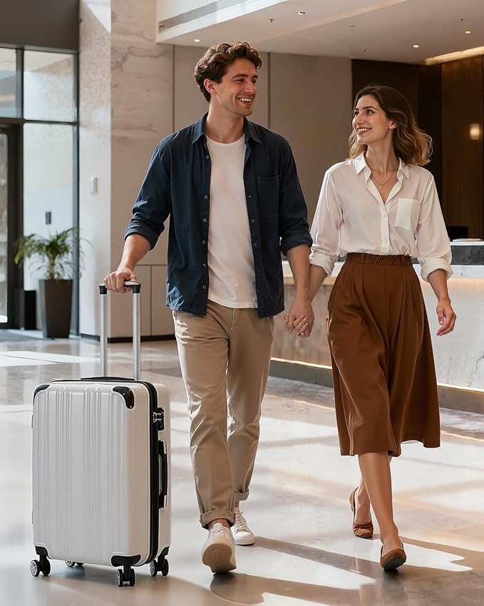 Coolife Luggage, Suitcase with Durable and Lightweight, Checked Luggage with PC+ABS Hardshell, Dual Spinner Wheels, TSA Lock, and YKK Zipper (white grid new, M(24in))