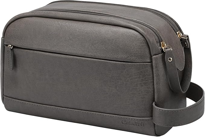 PU Leather Toiletry Bag for Men - Water Resistant Travel Bag for Toiletries, Bathroom Essentials, Accessories - Grey