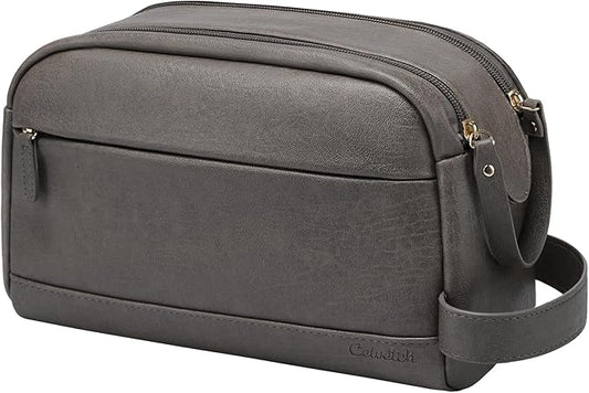PU Leather Toiletry Bag for Men - Water Resistant Travel Bag for Toiletries, Bathroom Essentials, Accessories - Grey