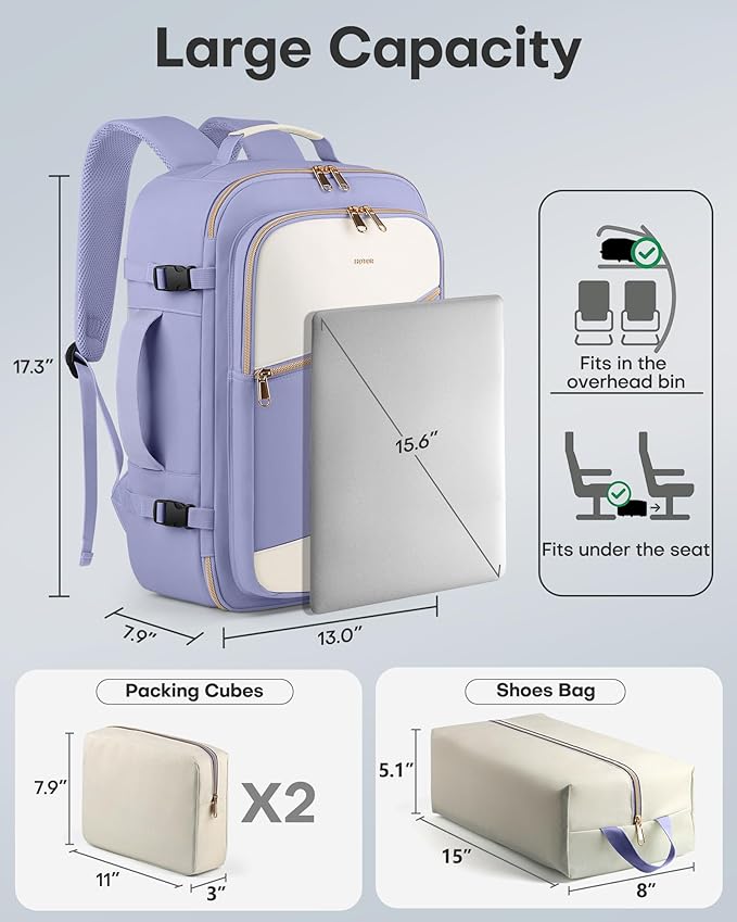 HOTOR Travel Backpack for Women – TSA-Friendly Travel Bag with Multiple Compartments & 3 Packing Cubes, Water-Resistant & Comfortable, Perfect for Travel Essentials, Purple, 17.3" x 13.0" x 7.9"
