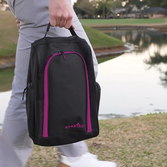 Athletico Golf Shoe Bag - Zippered Shoe Carrier Bags With Ventilation & Outside Pocket for Socks, Tees, etc. (Black/Pink)