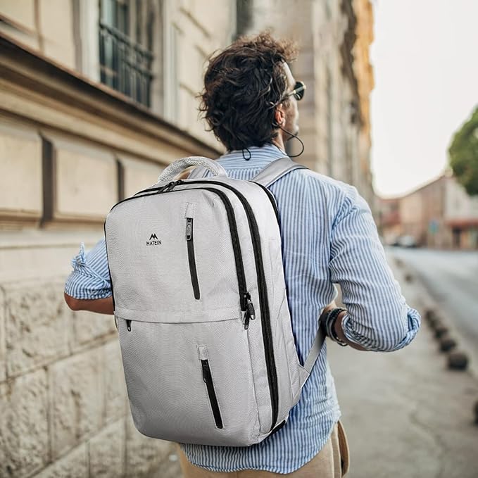 MATEIN Travel Backpack for Women & Men, Airline Approved Carry on Backpack for Airplanes with Shoe Compartment, Large Personal Item Travel Bag fits 17" Laptop, Water Resistant Weekender Daypack, Gray
