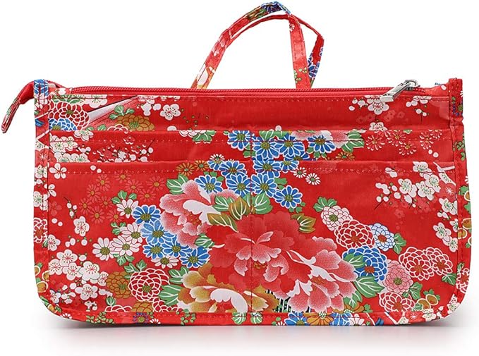 BTSKY Printing Handbag Organizers Inside Purse Insert-High Capacity 13 Pockets Bag Tote Organizer with Handle Fashion Style (Festive Flower)