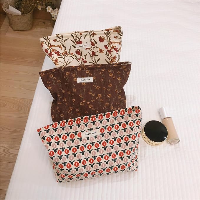 Wudygirl Cute Makeup Bag for Women - Travel Cosmetic Bag with Zipper Makeup Pouch Floral Make up Organizer Handbag Aesthetic (Boho Floral)