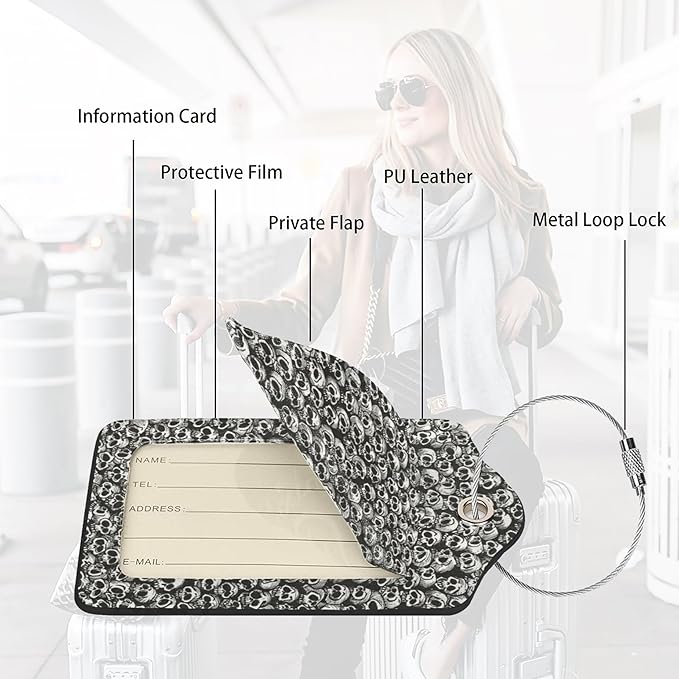 2 Pack Luggage Tags for suitcases Skull Skeleton TSA Approved Label Luggage Tag Baggage Tag Leather Stainless Steel Loop Label Tag for Men Women Travel Bag Suitcase