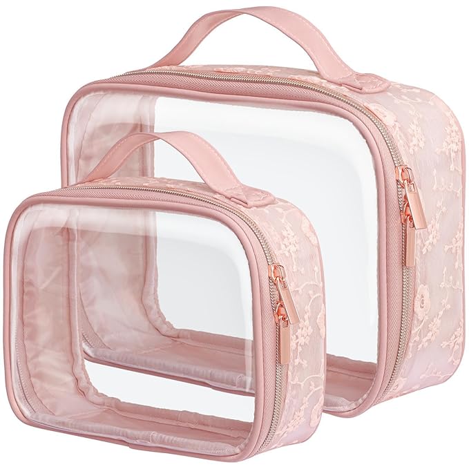 PACKISM Stylish TSA Approved Toiletry Bag Set, Floral Lace, Clear Makeup Bag with Handle, 1 TSA Medium & 1 Large for Travel, Gift for Women, Pink