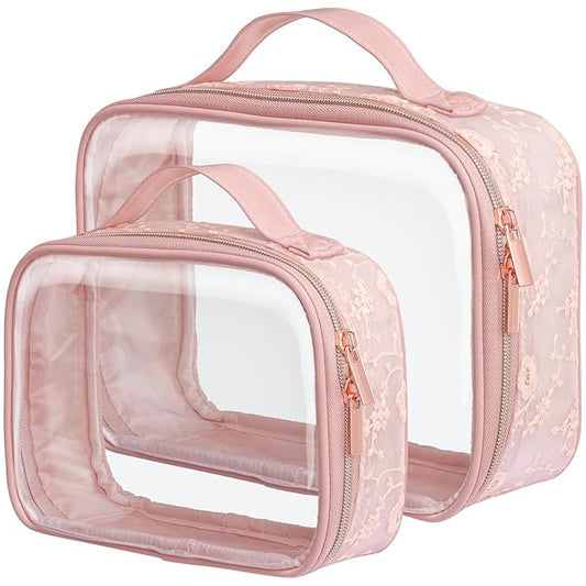 PACKISM Stylish TSA Approved Toiletry Bag Set, Floral Lace, Clear Makeup Bag with Handle, 1 TSA Medium & 1 Large for Travel, Gift for Women, Pink