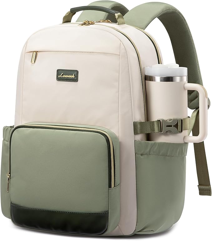 LOVEVOOK Laptop Backpack for Women with Pouch Pocket for Large Capacity Cup,15.6 Inch Laptop Computer Bag Travel Backpack Purse,Waterproof Work College Teacher Bags,White-Bean Green-Dark Olive Green