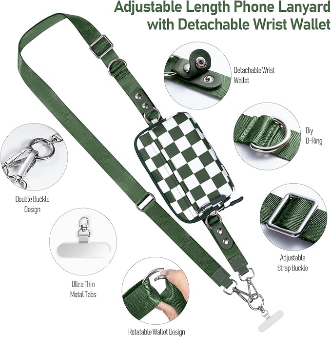 Tiostep Clip and Go Strap for Phone with Wallet Crossbody Phone Lanyard and Detachable Checkered Bag with ID Window and RFID Pouch for Daily Travel.