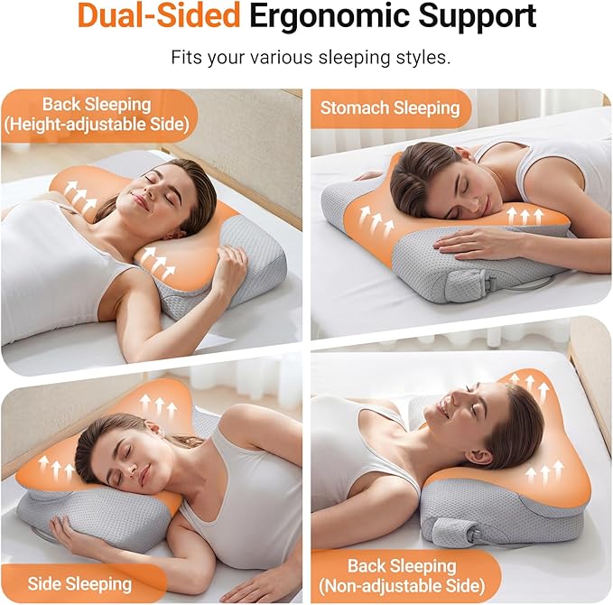 Inflatable Cervical Neck Pillow for Sleeping with Adjustable Support, Ergonomic Memory Foam Cloud Pillow, Neck Support Pillow for Back, Side & Stomach Sleepers, Posture Pillow with Ice Silk Pillowcase