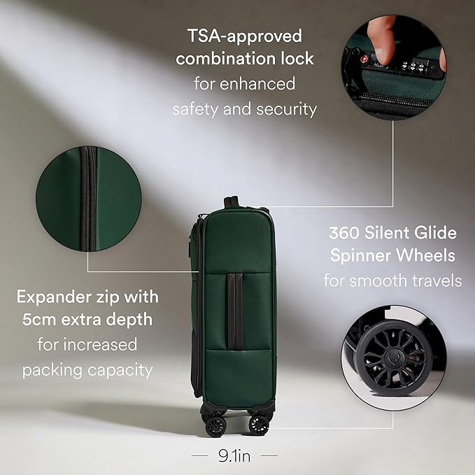 ANTLER - Soft Stripe Carry On Luggage 22x14x9 Airline Approved - Cabin Suitcase with Expander, Adjustable Handle, 4 Spinner Wheels, Lightweight, TSA Lock - Recycled Polyester Luggage - Antler Green