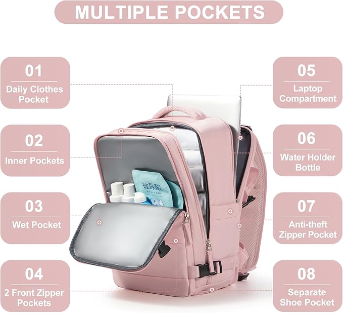Travel Backpack for Women Airline Approved Carry on Backpack for Airplanes Mochila De Viaje Personal Item Travel Bag Spirit Airlines Personal Item Bag 18x14x8 Backpack for Traveling on Airplane Pink