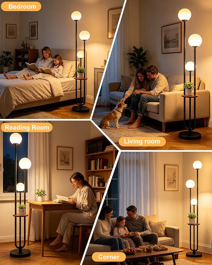Lightdot Dimmable Floor Lamp for Living Room 3-Globe Standing Lamp with Table Candle Holder Style 3000K Warmwhite Bulbs Included Black Tall Lamps with 5Lbs Heavy Base for Sofa Beside/Corner Decor