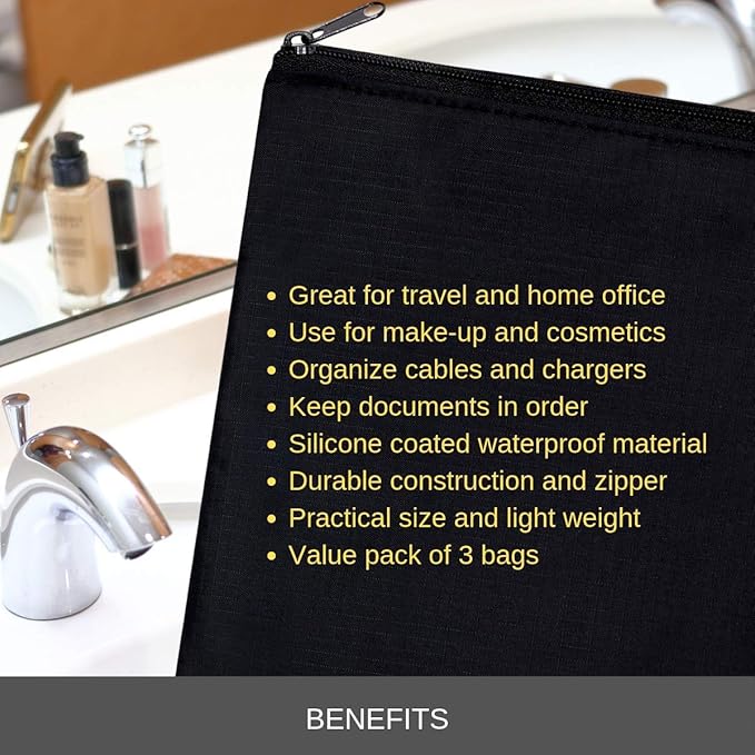 Black Nylon Zipper Organizer Pouch (9.5 x 6.5 Inch - Set of 3) for Travel Toiletries Cosmetics Cables Pens Office Supplies