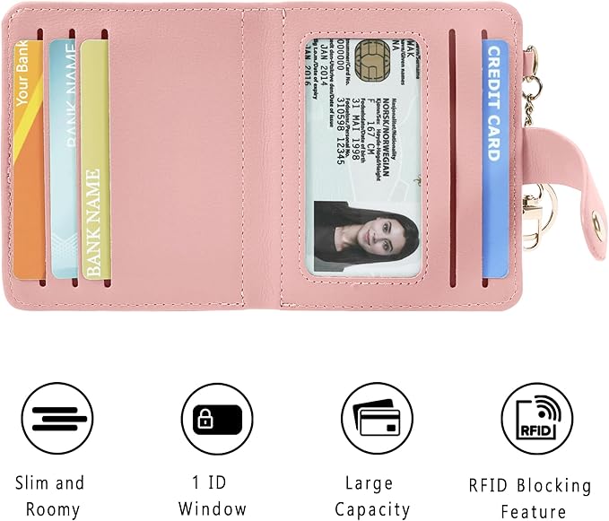 Airkit Small Wallets Woman RFID Blocking Leather Credit Card Holder - with ID Window - Card Wallets for Women - with Zipper Coin Purse - Keychain Wallet