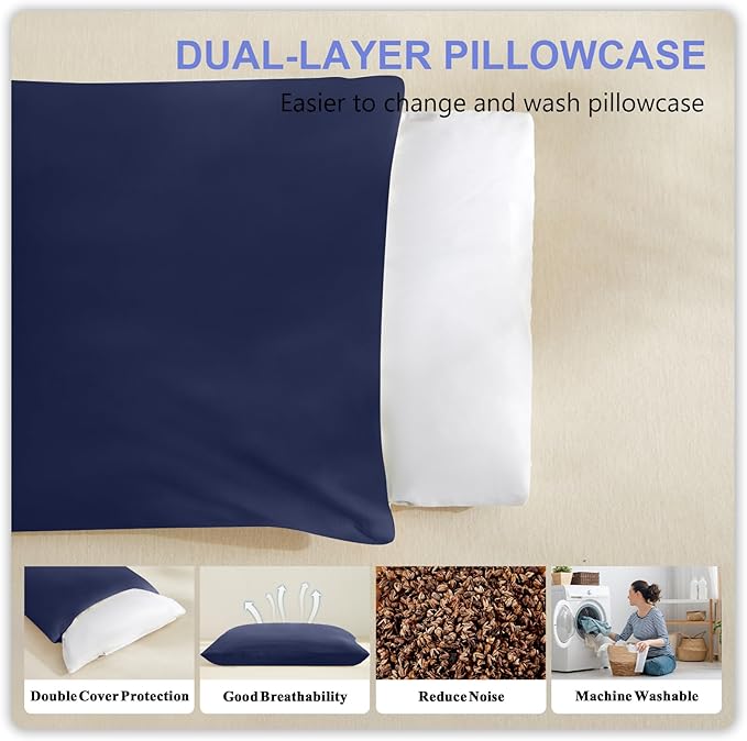 Organic Buckwheat Pillow for Sleeping with Dual-Layer Pillowcase and Extra Tartary Buckwheat Hulls, Adjust Height and Firmness, Neck Support Pillow for Back and Side Sleepers 14"x20", Navy Blue