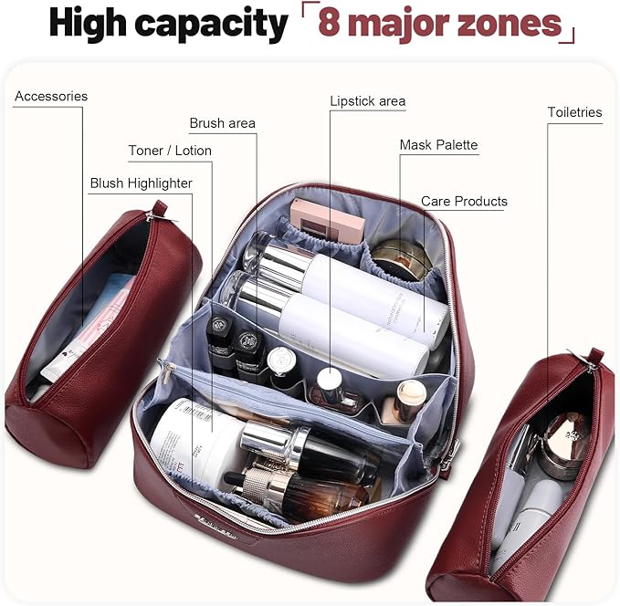 BOYATU Travel Makeup Bag Cosmetic Bags for Women: Large Capacity 3 Pcs Set Make up Bag with Compartments - Waterproof Vegan Leather Toiletry Organizer Bags with Handle (L29Red)