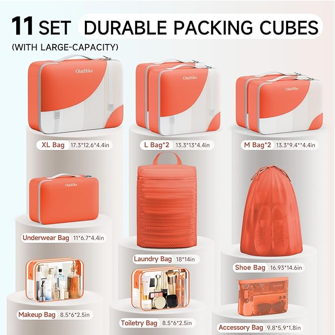 11 Set Packing Cubes for Travel, Gifts for Women Mom Kids, TSA Approved Bags for Makeup, Cosmetic, Toiletry, Suitcase Organizers for Checked Luggage,Cruise Essentials, Airplane Accessories, Orange