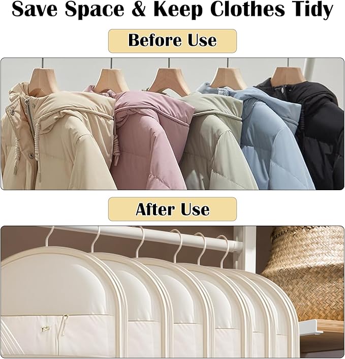3Pcs Space Saving Hanging Garment Bag with Self Compression Zipper, Storage Bags Space Saver Closet Organizers Dust Cover 3 sizes for Down Coat Clothes Beige