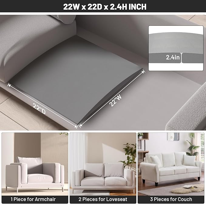 Couch Cushion Support for Sagging Seat, 22"x22"x2.4" 40D High Density Curved Foam Sofa Cushion Support, Under-Cushion Sag Repair,Grey Set of 3