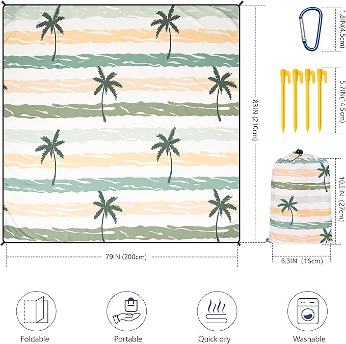 Beach Blanket Waterproof Sandproof Beach Mat 79”x 83” for 1-8 Adults Quick Drying Durable Outdoor Picnic Mat for Beach Festival Travel Camping Hiking (Stripes Cocotree-YL&GN, 79"×83"(4 Person))