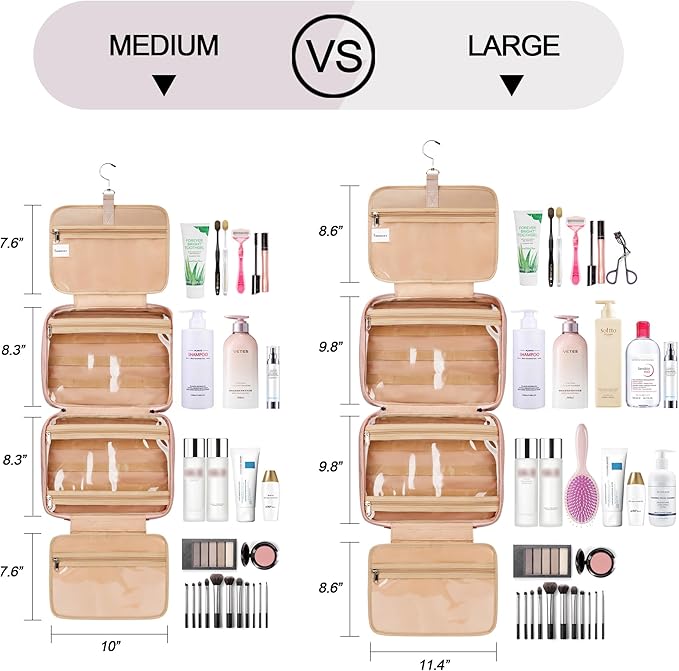 Travel Hanging Toiletry Bag for Women, Extra Large Makeup Bag, Holds Full-Size Shampoo, with Jewelry Organizer Compartment, Waterproof Cosmetic Bag, Toiletries Kit Set with Trolley Belt, Baby Pink