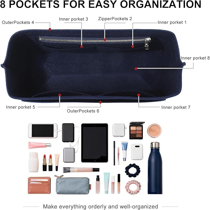 Doxo Backpack Organizer Insert for Longchamp Le Pliage L Backpack | Felt Material with 8 Compartments & YKK Zipper Pocket | Custom-Fit Longchamp Backpack Insert (LB, Navy)