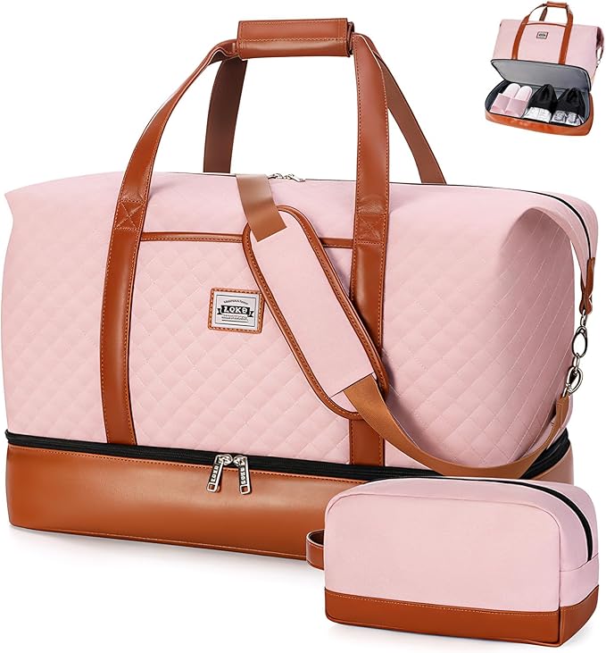 Weekender Bags for Women, Travel Duffle Bag Carry On Travel Bag Overnight Bag with Shoe Compartment Toiletry Bag, Large Weekend Tote Bag Gym Bag Hospital Bag for Labor and Delivery, 50L Quilted Pink