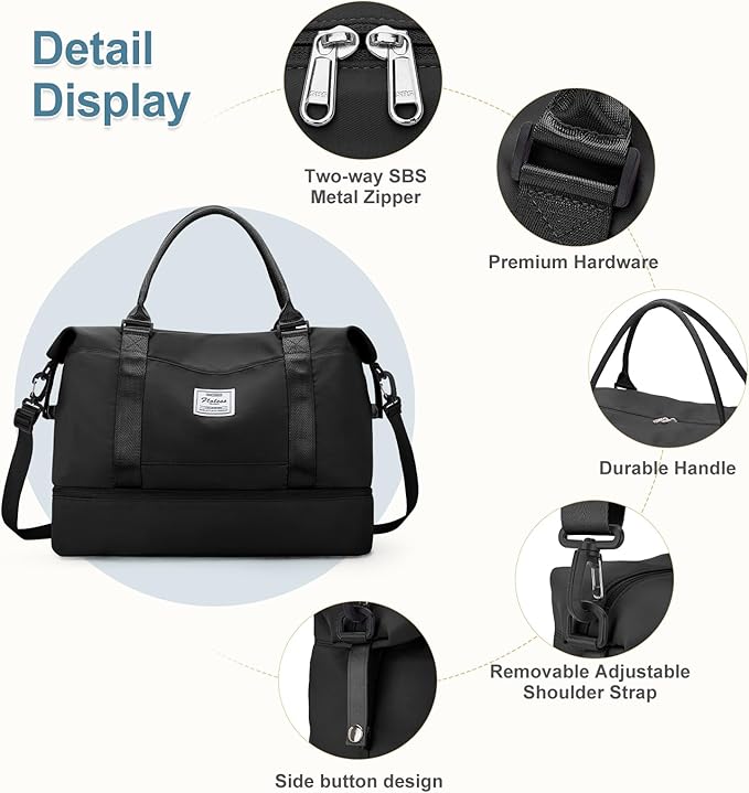 Large Weekender Bags for Women, Travel Duffel Bags with Shoe Compartment,Personal Item Travel Carry on Overnight bag for women Travel Set,Black